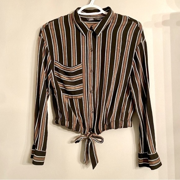 Zara Striped, Button Down, Front Tie Cropped Shirt - Picture 2 of 8